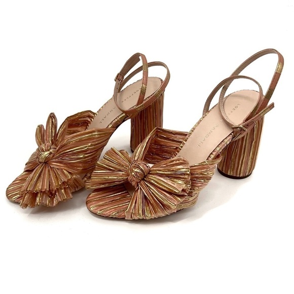 Loeffler Randall Camellia Sunset Bow Sandal Block Heel Peep Toe Stripe Sandal - Picture 6 of 14